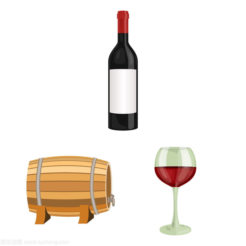 酒类产品卡通图标集为设计收藏。葡萄酒矢量标记的设备和生产网站插图